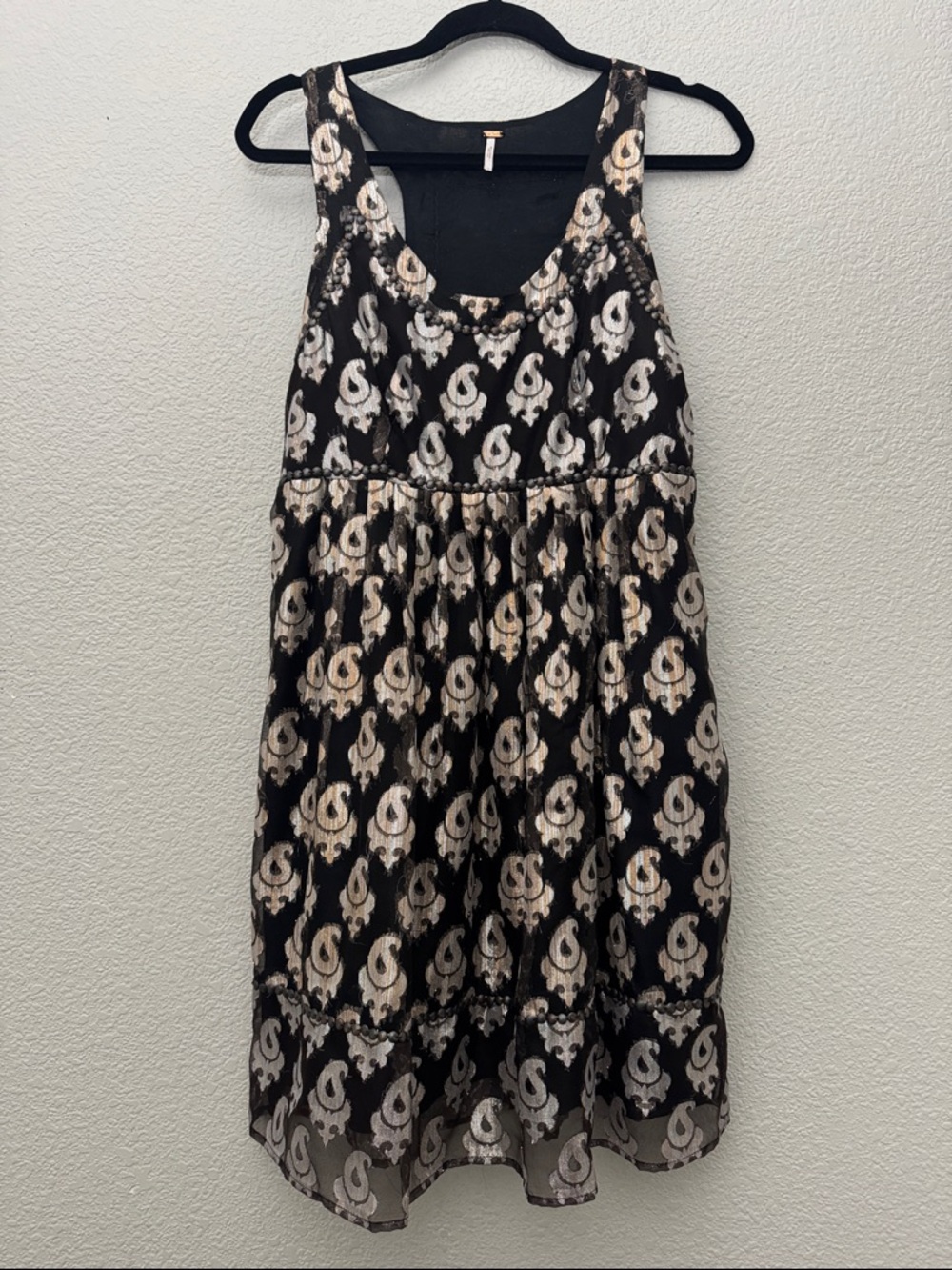 Free People Mini Dress Jacquard Sleeveless Black Tan Studded Size 10